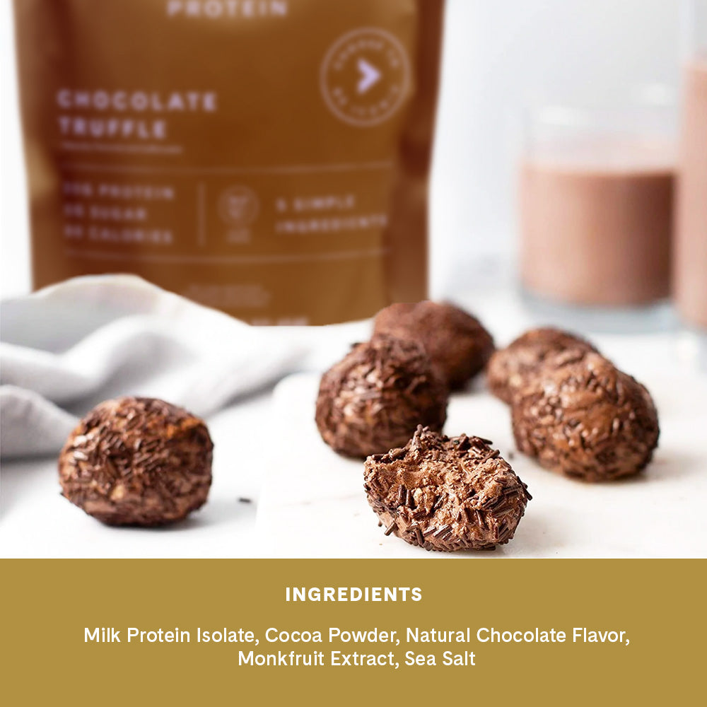 Delicious looking chocolate protein bites made from ICONIC Protein Powder. Ingredient list: Milk Protein Isolate, Cocoa Powder, Natural Chocolate Flavor, Monkfruit Extract, Sea Salt.