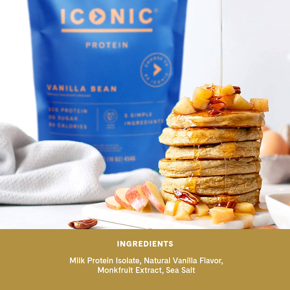 Delicious looking protein pancakes made from ICONIC Protein Powder. Ingredient list: Milk Protein Isolate, Natural Vanilla Flavor, Monkfruit Extract, Sea Salt.