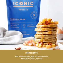 Load image into Gallery viewer, Delicious looking protein pancakes made from ICONIC Protein Powder. Ingredient list: Milk Protein Isolate, Natural Vanilla Flavor, Monkfruit Extract, Sea Salt.
