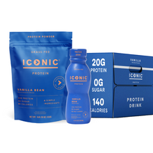 Load image into Gallery viewer, ICONIC Vanilla Protein Lover&#39;s Bundle: 1 lb. Vanilla Bean Protein Powder + 12 Bottles Vanilla Bean Protein Shake. 20g Protein per serving, 0g sugar per serving. Calories vary.
