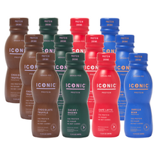 Load image into Gallery viewer, A 12-bottle sample pack that consists of (3) each flavor: Chocolate Truffle, Cacao + Greens, Café Latte, and Vanilla Bean.

