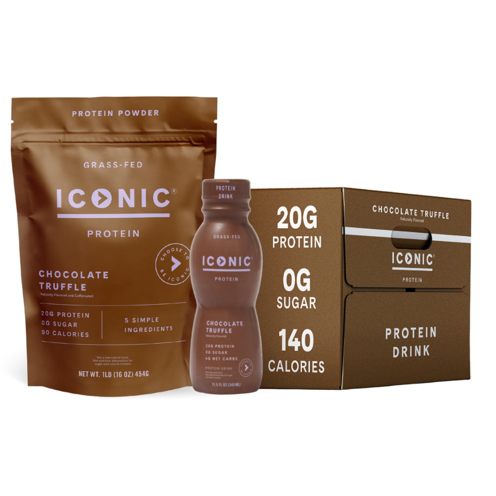 ICONIC Chocolate Protein Lover's Bundle: 1 lb. Chocolate Truffle Protein Powder + 12 Bottles Chocolate Truffle Protein Shake. 20g Protein per serving, 0g sugar per serving. Calories vary.