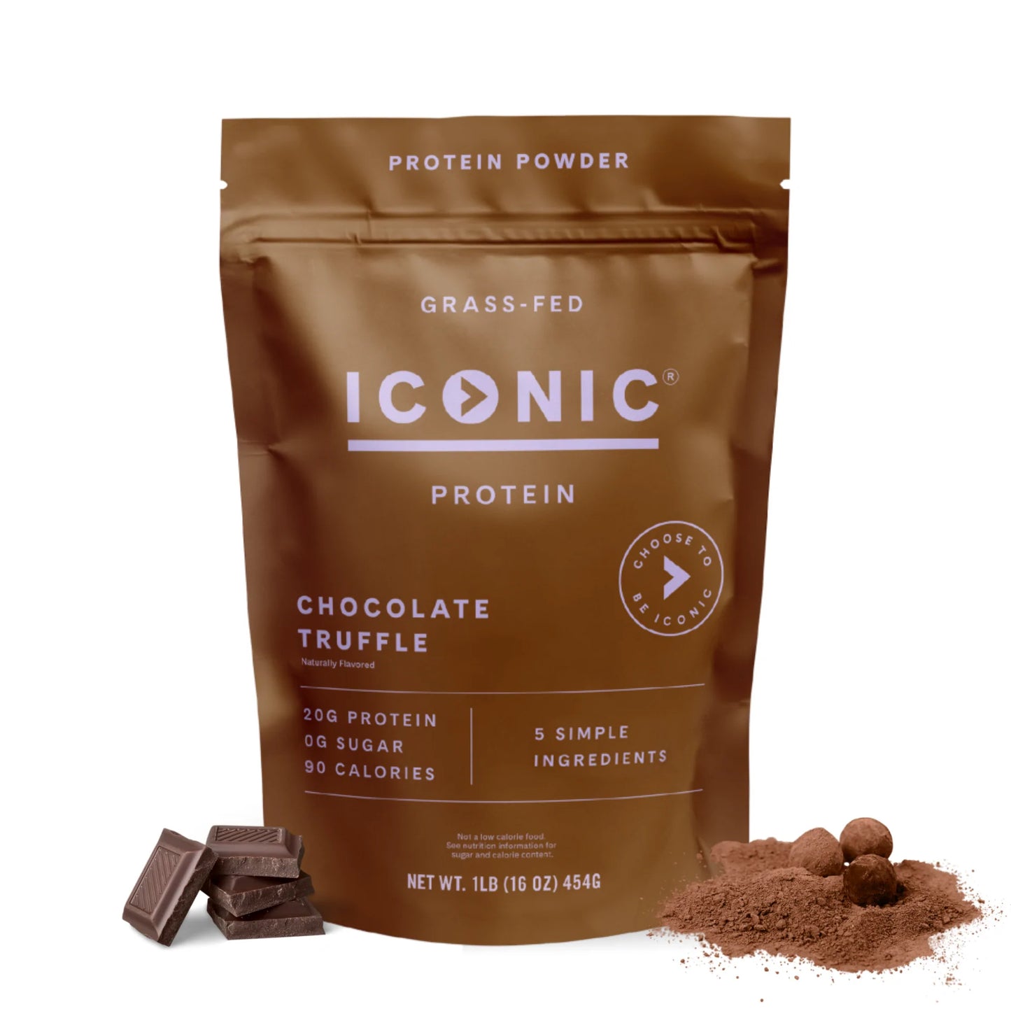 ICONIC sugarfree chocolate truffle protein powder in a brown bag on a white background