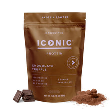 Load image into Gallery viewer, ICONIC sugarfree chocolate truffle protein powder in a brown bag on a white background
