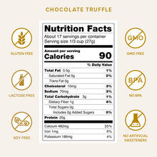 Load image into Gallery viewer, Nutrition Facts for Chocolate Truffle Protein Powder. Gluten Free. Lactose Free. Soy Free. GMO Free. No BPA. No Artificial Sweeteners. 90 calories. 0 fat. 2g Net Carbohydrates. 0g Sugar. 20g Protein.
