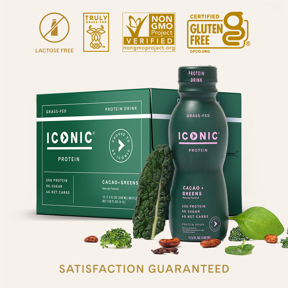 Cacao + Greens Protein Shake 12 Pack on a tan background. Lactose Free. Truly Grass Fed Protein. Non-GMO Project Verified. Certified Gluten Free. Satisfaction Guaranteed.