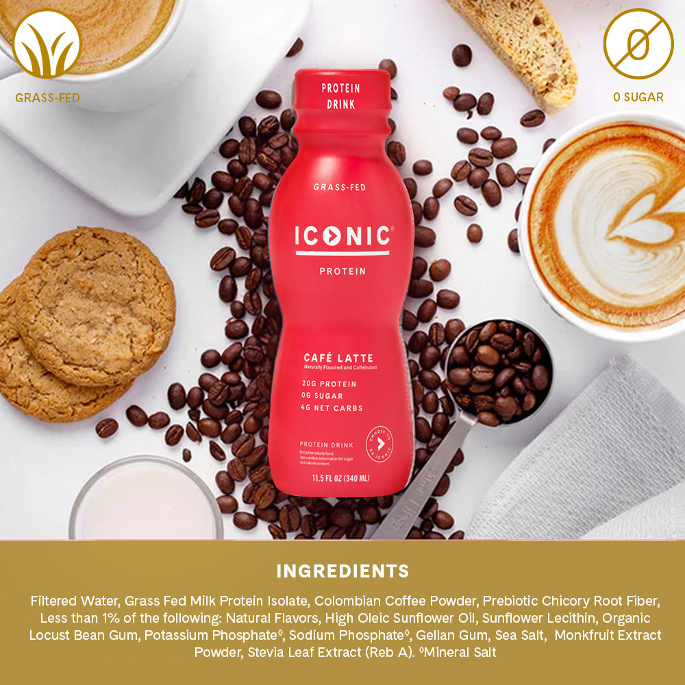 Delicious looking protein shake on a background of coffee beans, biscotti, and lattes.