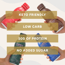 Load image into Gallery viewer, Vanilla Bean, Chocolate Truffle, Café Latte, &amp; Cacao + Greens Protein Shakes on a tan background. Keto Friendly, Low Carb, 20g Protein, No Added Sugar.
