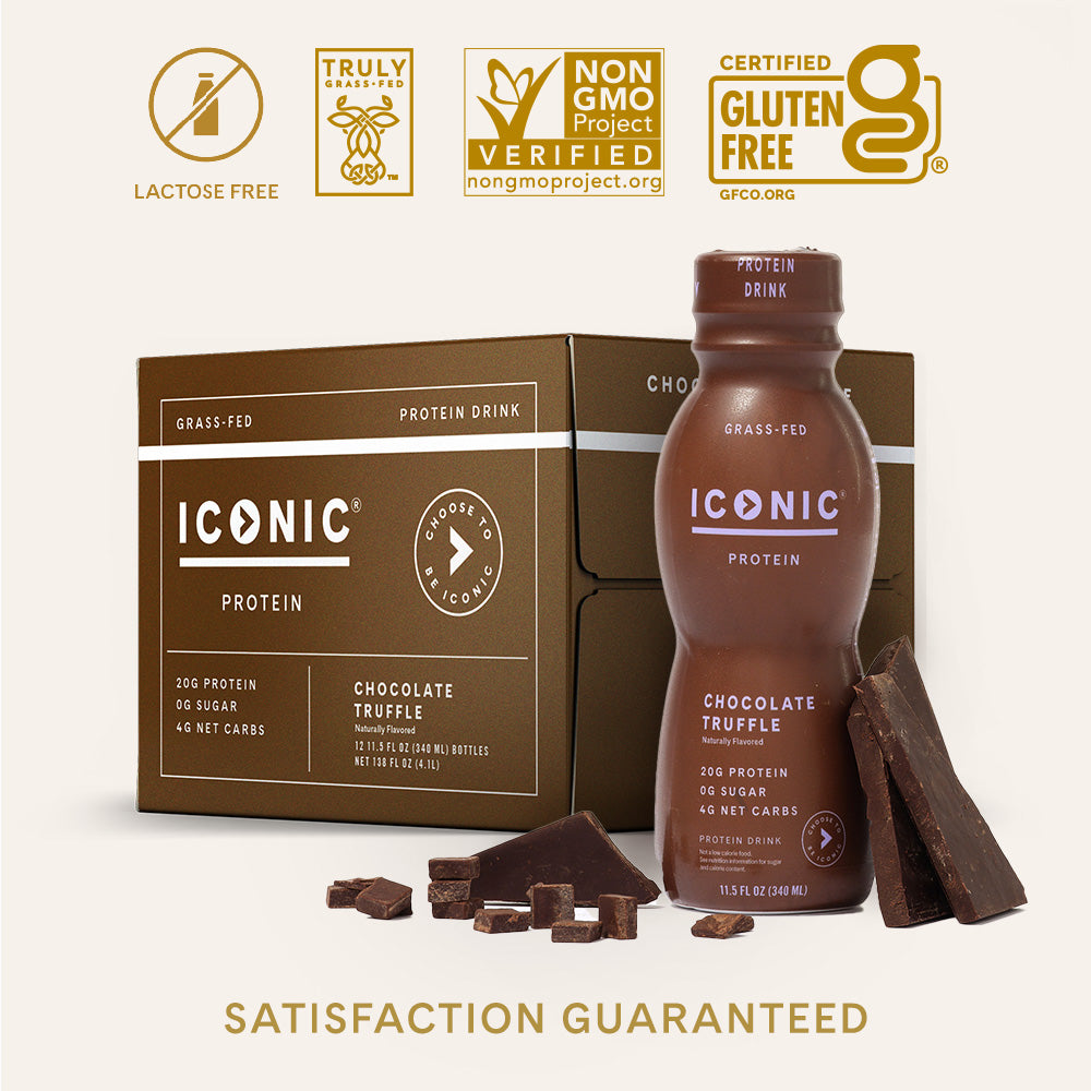 Chocolate Truffle Protein Shake 12 Pack on a tan background. Lactose Free. Truly Grass Fed Protein. Non-GMO Project Verified. Certified Gluten Free. Satisfaction Guaranteed.