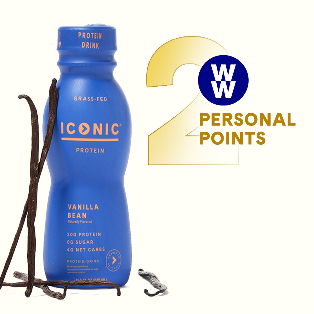 ICONIC Vanilla Bean Protein Shake on a white background with callout for 2 Weight Watchers Personal Points.