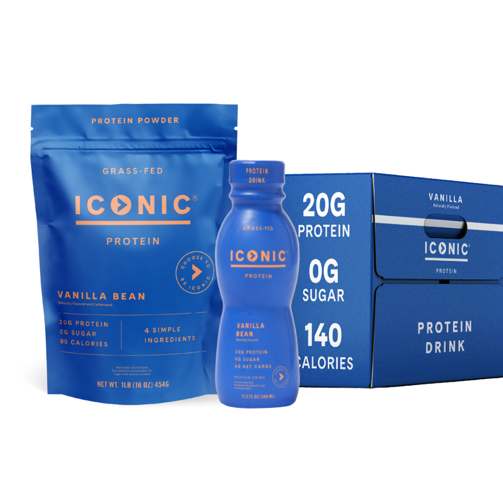 ICONIC Vanilla Protein Lover's Bundle: 1 lb. Vanilla Bean Protein Powder + 12 Bottles Vanilla Bean Protein Shake. 20g Protein per serving, 0g sugar per serving. Calories vary.