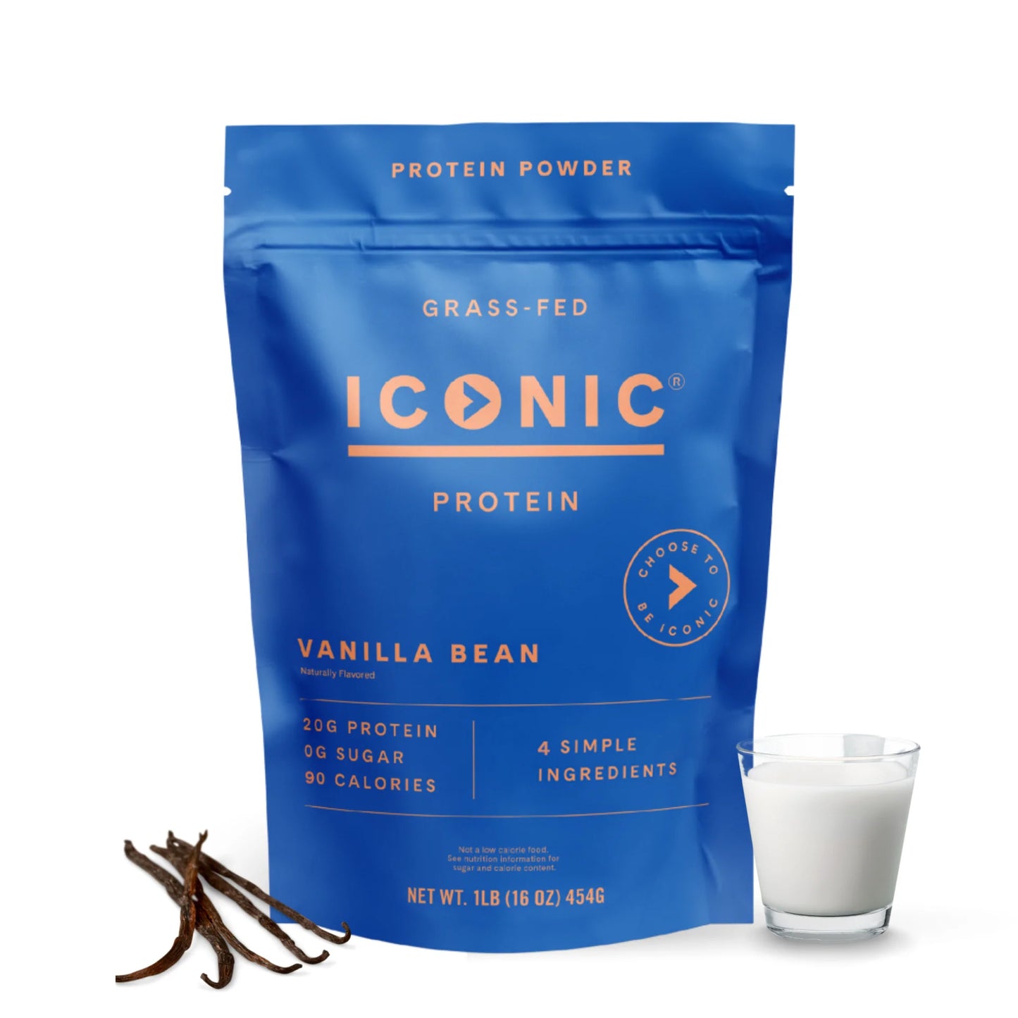 ICONIC sugarfree vanilla protein powder in a blue bag on a white background. 18 servings per bag.