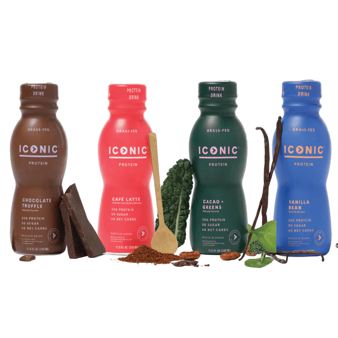 A sample pack of ICONIC protein shakes: Chocolate Truffle, Cafe Latte, Cacao + Greens, and Vanilla Bean.