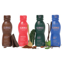 Load image into Gallery viewer, A sample pack of ICONIC protein shakes: Chocolate Truffle, Cafe Latte, Cacao + Greens, and Vanilla Bean.
